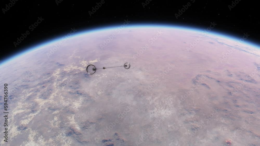 Wall mural spacecraft or space station flies over the atmosphere of an exoplanet in another solar system. a geo