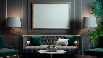 Mockup Poster Frame on the Wall Luxurious Living Room on Contemporary Wall 3D Render with Modern Interior Design 3D illustrationa KI-Illustrationen