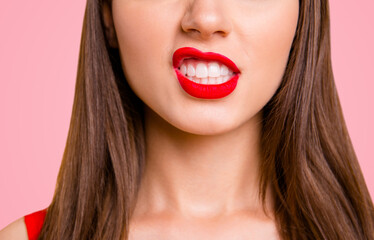 Close up cropped photo of big full natural lips brunette hair isolated on vivid yellow background