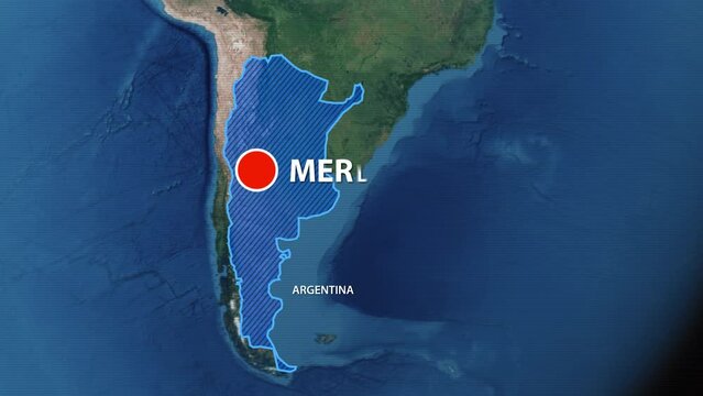 Designation of the borders of Argentina on the map and the mark of the location of the city of Merlo