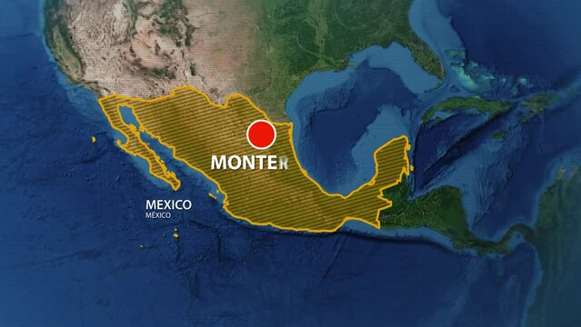 Designation of the borders of Mexico on the map and the mark of the location of the city of Monterey