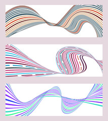 Wavy lines or ribbons. Set of 3 backgrounds. Multicolored striped gradient. Creative unusual background with abstract gradient wave lines to create a trendy banner, poster. vector eps