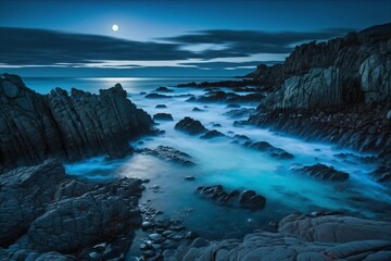 Obraz premium beautiful large rocky coast with light fog at night created with Generative AI technology
