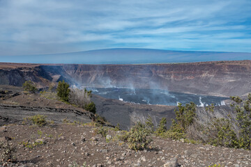 View of the caldera of the Kilauea volcano, the most active of the five volcanoes that form Hawaii island, Hawaii Volcanoes National Park, USA