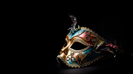 Naklejka premium Carnival mask on black. Illustration. Ai generation.