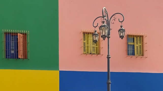 Colorful Caminito Street in La Boca neighborhood of Buenos Aires, Argentina. Street lamp and windows