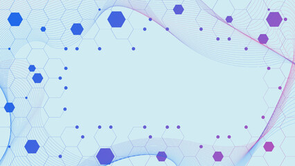 Hexagons with round shapes and wave flow on blue background for medical, chemistry, science and technology concept design.