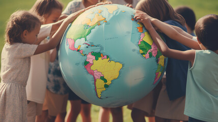 Children hug the Earth globe with their hands. Earth Day concept