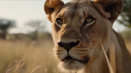 Female Lion in a cinematic savanna background with beautiful colors generative ai