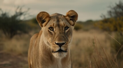 Fototapeta na wymiar Female Lion in a cinematic savanna background with beautiful colors generative ai
