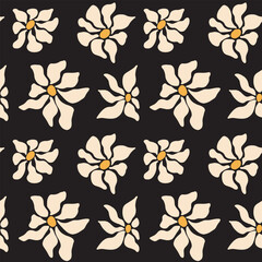 Hand drawn organic cut out flowers in modern style seamless pattern on black background
