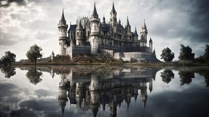 Castle reflecting in the water. Panoramic view of the castle on a cloudy day.