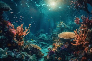 Fototapeta na wymiar the view under water, beautiful corals and other colorful plants created with Generative AI technology