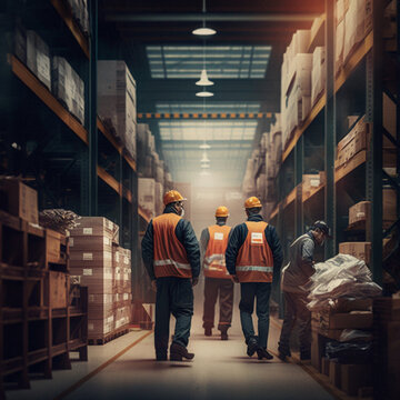 Workers in a logistics warehouse. Generative AI.