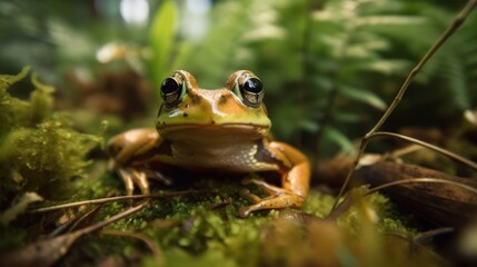 Naklejka premium Green Frog in a cinematic jungle forest background with beautiful colors generative ai