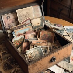 beautiful old wooden box, in it are a lot of postcards created with Generative AI technology