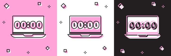 Set Clock on laptop screen icon isolated on pink and white, black background. Schedule concepts. Vector