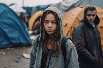 young family lives in poverty or is on the run, lives in tents in a tent city, sadness and hopelessness with dirt and rainy weather. Generative AI