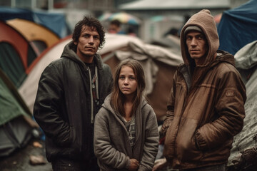 Fototapeta premium young family lives in poverty or is on the run, lives in tents in a tent city, sadness and hopelessness with dirt and rainy weather. Generative AI