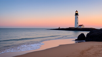 Fototapeta premium blue lila sunset at empty beach with a lighthouse, generative AI