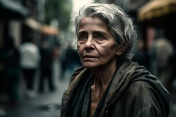 an elderly woman with gray hair outside a tent, poverty or homelessness or refugee, fictional event. Generative AI