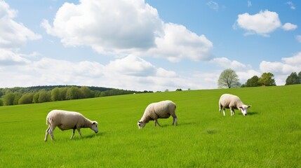 Obraz na płótnie Canvas three sheep grazing in a field of grass on a sunny day. generative ai