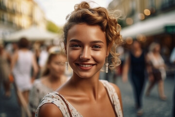 young adult woman in summer with a summer dress in a side street of a city with other people in the background