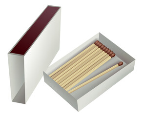 Opened matchbox. Sulphur and wooden sticks lying in open case. Top view and isometric projection vector illustration isolated on white background