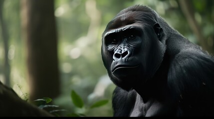 Fototapeta na wymiar Gorilla in a cinematic tropical forest background with beautiful colors generative ai