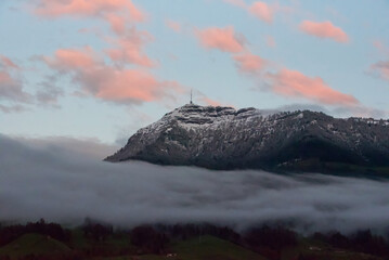 mount Rigi in Switzerland with pinky sunset clouds