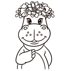 Cartoon hippo baby boy in floral crown. Cute baby animal nursery print.