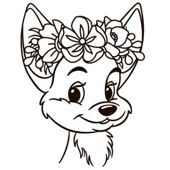 Cartoon baby fennec in floral crown. Cute baby animal nursery print.