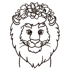 Cartoon baby lion in floral crown. Cute baby animal nursery print.