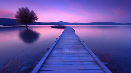  a long wooden dock extending into a lake at sunset with a lone tree in the distance. generative ai