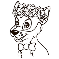 Cartoon baby wolf in floral crown. Cute baby animal nursery print.