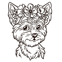 Cartoon yorkie dog in floral crown. Cute baby animal nursery print.