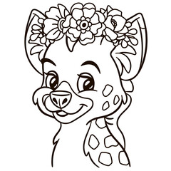 Cartoon baby hyena in floral crown. Cute baby animal nursery print.