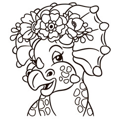 Cartoon triceratops dinosaur in floral crown. Cute baby animal nursery print.