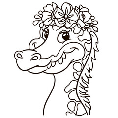 Cartoon spinosaurus dinosaur in floral crown. Cute baby animal nursery print.