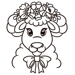 Cartoon baby sheep in floral crown. Cute baby animal nursery print.