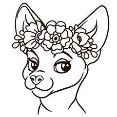 Cartoon sphynx cat in floral crown. Cute baby animal nursery print.