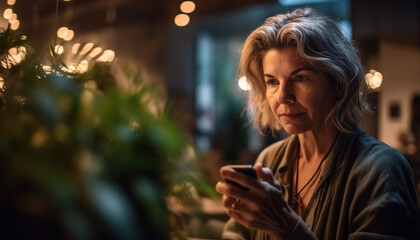 White Caucasian Woman holding her phone In a restaurant in deep thought contemplating thinking about what to write AI - obrazy, fototapety, plakaty