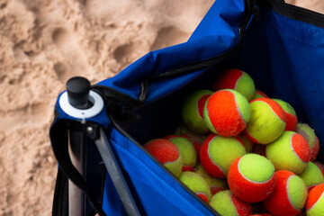 Basket of beach tennis balls - copy space - horizontal photo