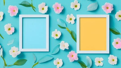 Photo of two floral frames against a blue background