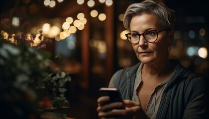 White Caucasian Woman wearing glasses holding her phone In a restaurant in deep thought contemplating AI