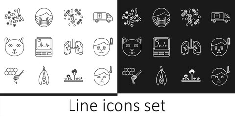 Set line High human body temperature, Fatigue, Bacteria, Monitor with cardiogram, Pet, Medicine pill tablet, Lungs and Face protective mask icon. Vector