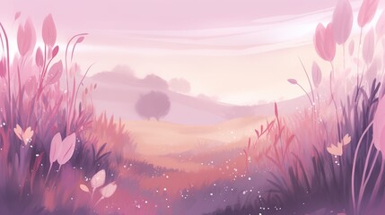  a painting of a pink landscape with grass and flowers in the foreground.  generative ai