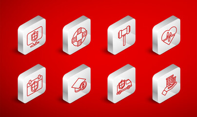 Set line House insurance, Lifebuoy, Judge gavel, Health, Car with shield, Location, Graduation cap and coin and Calendar icon. Vector