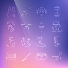 Set line Ice hockey stick and puck, Medal, Boxing short, Punch boxing gloves, Black karate belt, Jump rope and Ringing bell icon. Vector