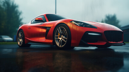 Obraz na płótnie Canvas a red sports car parked on a wet road in the rain. generative ai